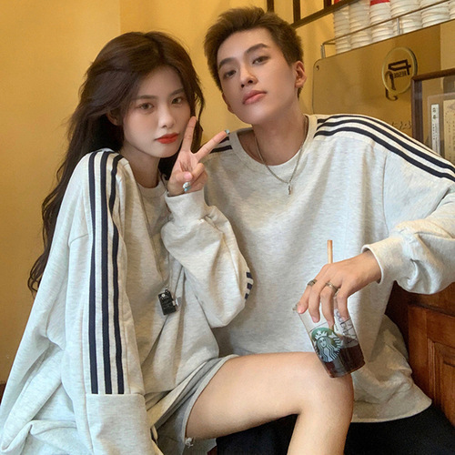Three Stripes Hoodie for Women 2024 Spring and Autumn Couple's Fashion Ins Loose Korean Style Round Neck Mid-Length Top for Women Wholesale
