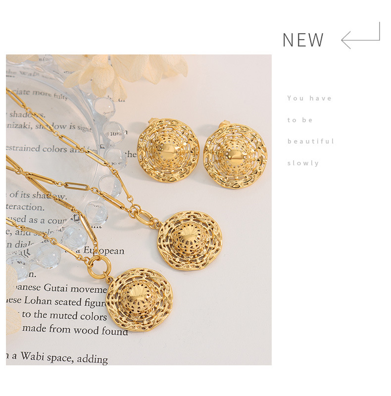 Trendy personality hollow straw hat design necklace women's jewelry set earrings_voghion.com