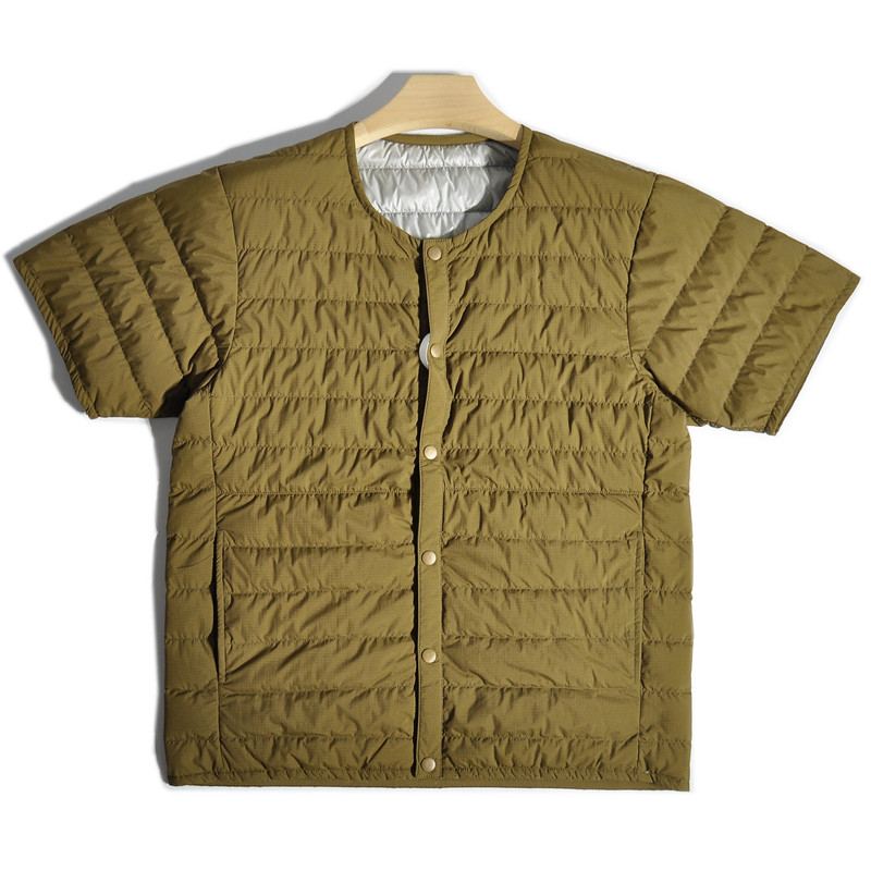 Japanese Retro Outdoor Lightweight White Duck down Warm down Jacket for Men, Half-Sleeve, Layered, Collarless, Ribbed down Coat