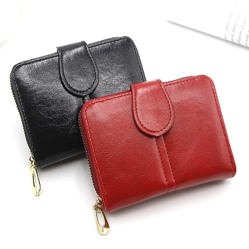 New women's short bag fashionable women's zipper wallet retro oil wax leather coin purse wallet card bag manufacturer batch