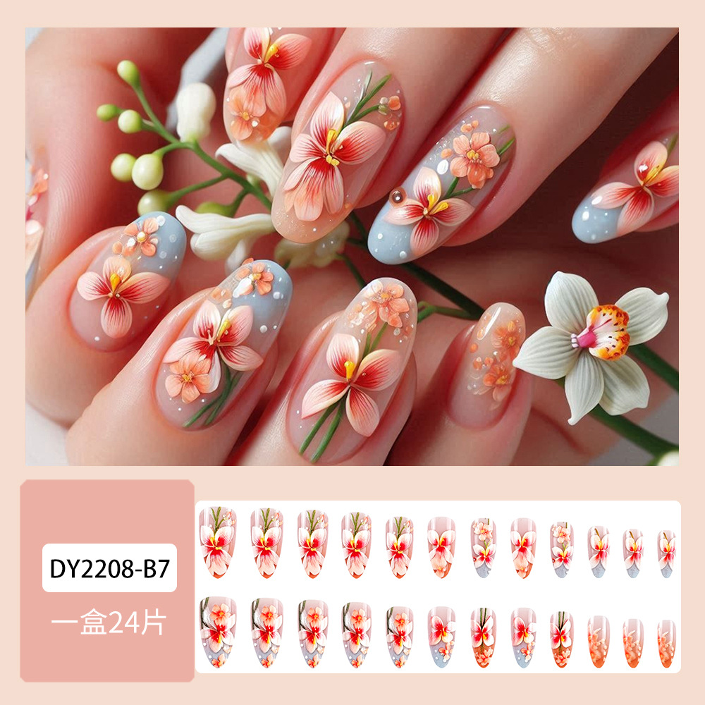 Flores hermosas desgaste de uñas parches de uñas falsas rosadas permeables al hielo sensación de alta calidad venta caliente transfronteriza de manicuría de gradiente
