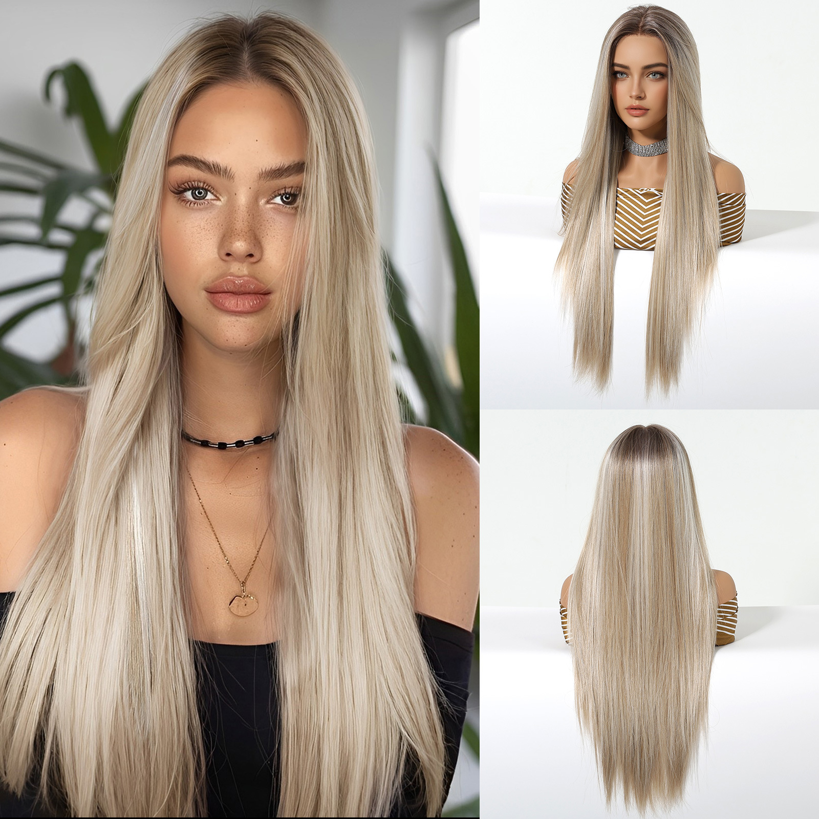 Peluca de encaje degradado de estilo europeo y americano 13*6 área grande con costura libre, pelo largo y liso, gancho de mano transpirable, gorras de malla, cubierta completa