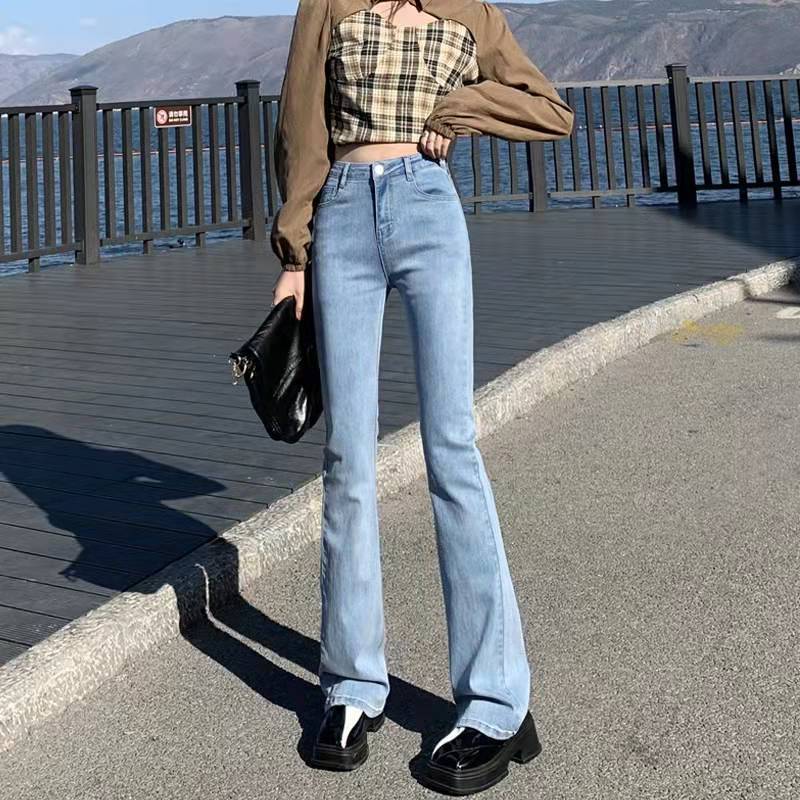 青い灰色の微ラッパのジーパンの女性の秋冬の高腰はやせている馬蹄のズボンの小さい体を現して弾力性のネットの赤いラッパのズボンを修理します。|undefined