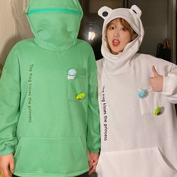 秋冬季搞怪卡通青蛙套头卫衣女宽松加绒连帽外套潮ins炸街情侣装