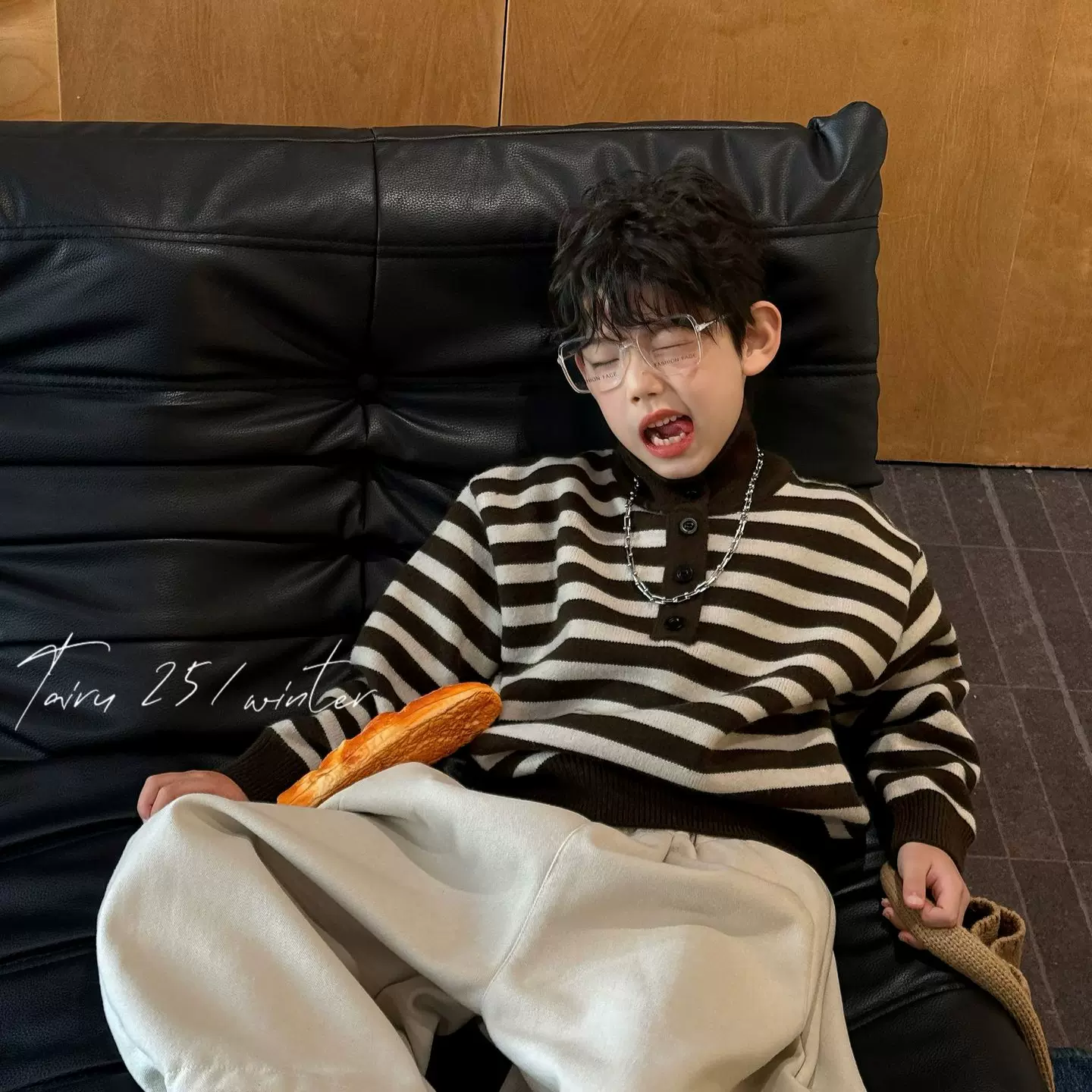 泰如 2025冬季新款韩版男童条纹加绒加厚保暖高领毛衣儿童上衣潮