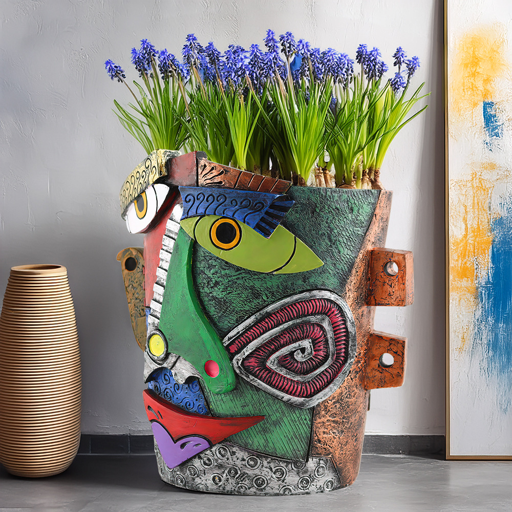  New Creative Face Frowning Abstract Colorful Flower Pot Personalized Resin Craft Courtyard Garden Home Ornaments