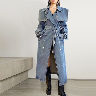2025 New Autum Fashion Trendy Lace-Up Waist Outwear European and American Lapel Mid-Length Windbreaker Denim Jacket for Women