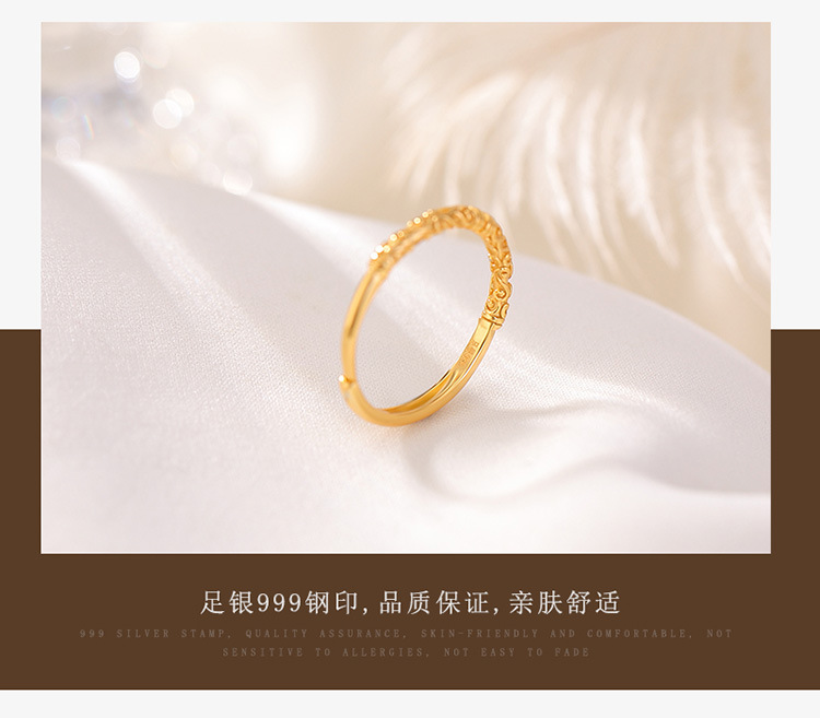 Vòng cổ bạc S999 mạ vàng hình hươu phong cách cổ điển, thiết kế mở điều chỉnh — Bạc nguyên chất 999 chi tiết 5