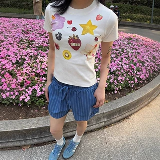 【210克40支纯棉】水果印花短袖T恤女新款修身正肩圆领美式上衣夏
