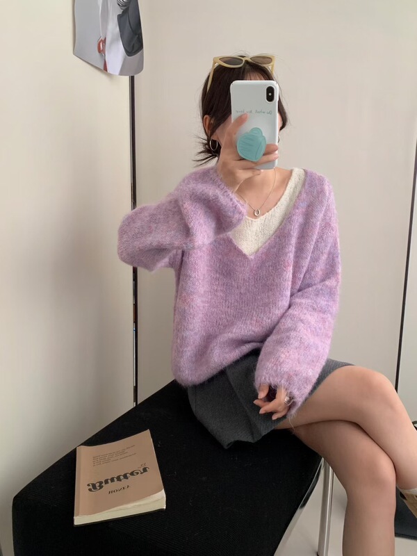 假两件拼接v领针织衫毛衣女早秋新款宽松显瘦软糯长袖打底衫上衣|undefined