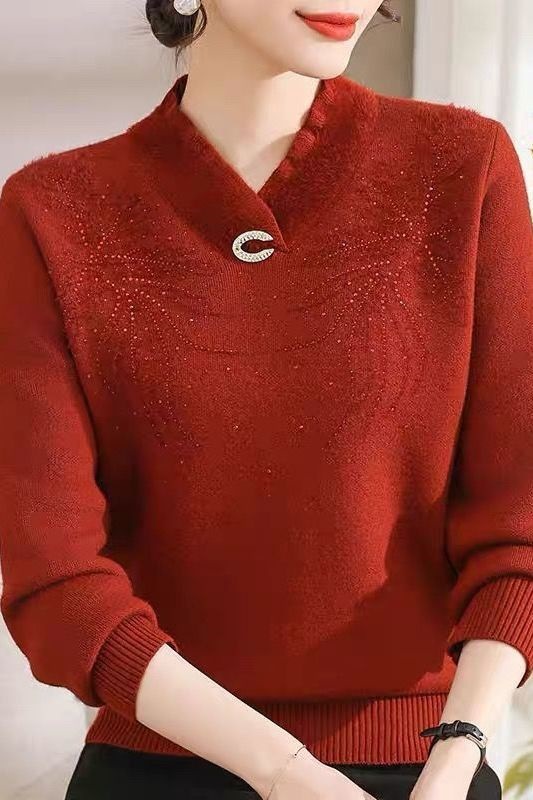 洋气妈妈冬装加绒加厚毛衣女中老年女一体绒毛衣保暖针织打底衫女