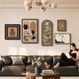 惬意时光客厅装饰画中古风法式复古沙发背景墙挂画高级感组合壁画