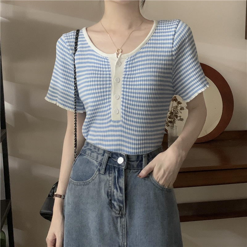 条纹短袖T恤女夏季新款韩版设计感小众修身小个子圆领上衣 潮批发