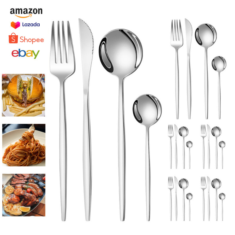 Cross-Border Handle Portuguese Stainless Steel Knife, Fork and Spoon Tableware Four-Piece Set 24Pcs Dessert Spoon Fork Steak Knife