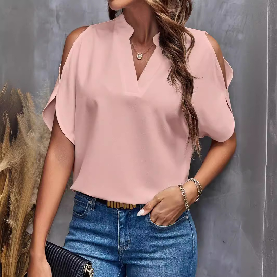 Ropa de Mujer Europea y Americana de Amazon, TikTok y Temu, Verano 2025, Nuevo Top de Mujer con Cuello en V, Elegante y con Hombros Descubiertos