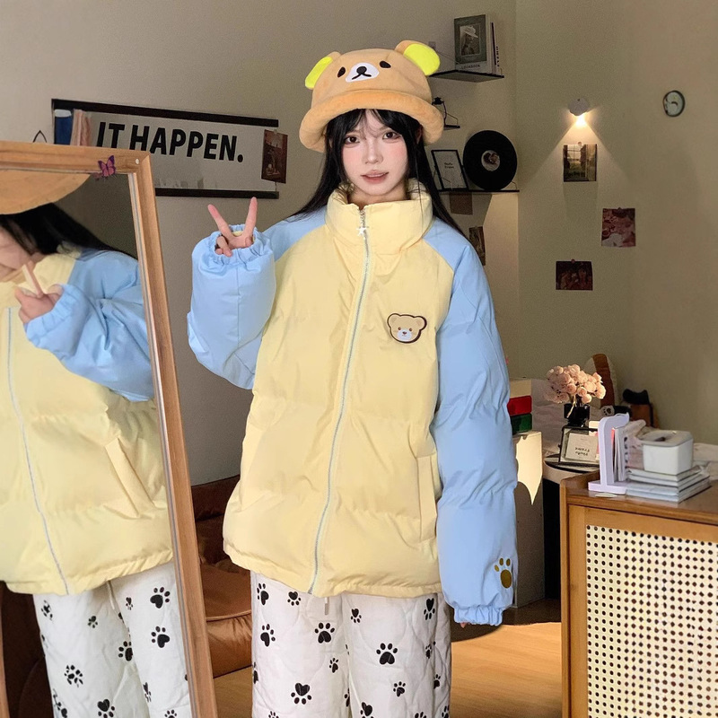 Japanese Style Cute Bear Velcro Color Contrast Collar Cotton Coat Female Student Winter New Thick Warm Cotton Coat