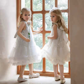 现货新款可爱娃娃翻领宝宝舒适透气亮片网纱公主生日派对连衣裙