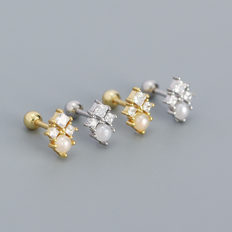 1 Pair Quantity 1 Pair 925 Sterling Silver Imitation Pearl Zircon Geometric Ear Studs
