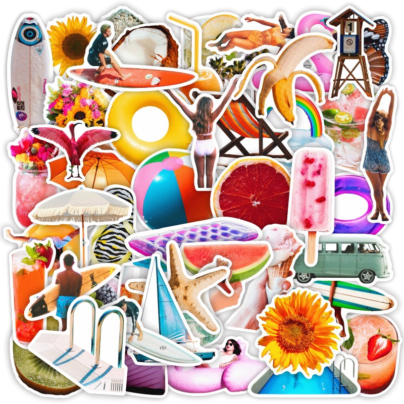 50 Pieces of Retro Summer Waterproof stickers Flat Water Cup Stationery Suitcase Luggage Decoration stickers