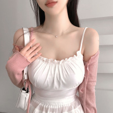 春夏韩系新款修身气质木耳边褶皱短款显瘦打底吊带背心恤女
