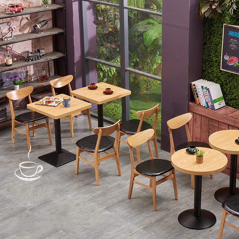 休闲简约快餐桌椅组合小吃饭店实木餐椅奶茶甜品店咖啡馆小圆方桌