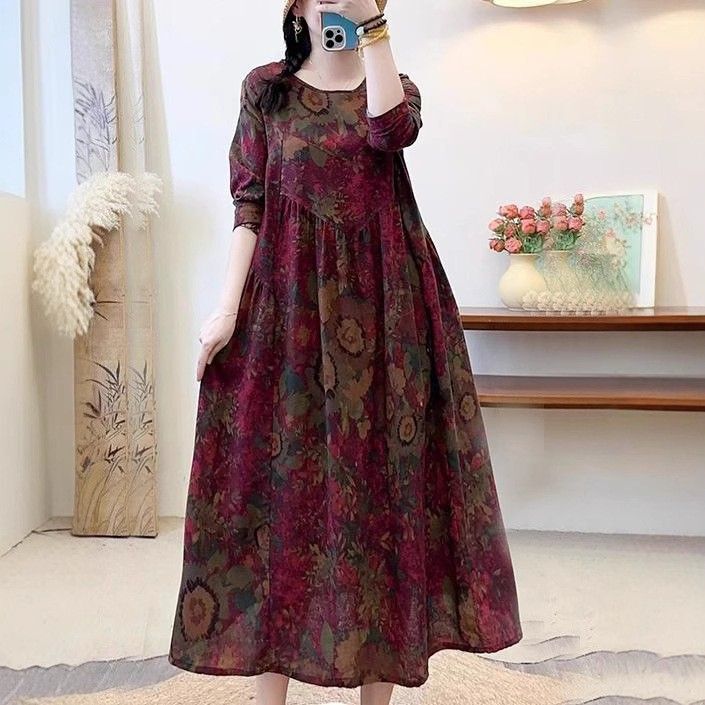 Cotton and Linen Dress Printed Round Neck Pullover Retro Literary Long Skirt Autum New Loose Long-Sleeved Flesh-Covering Slimming Skirt