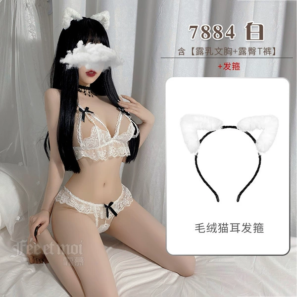 White [breast-revealing bra + butt-revealing T-pants] + 7653 white headband