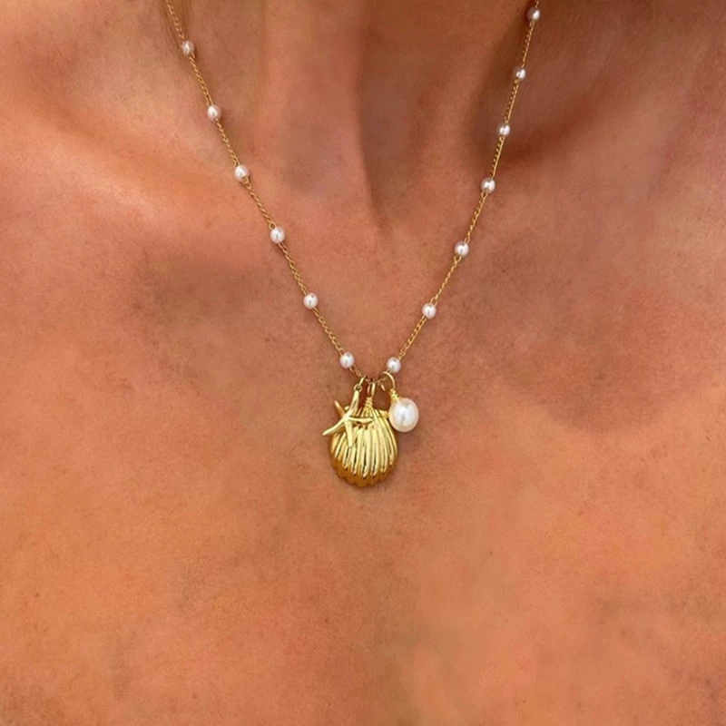Французская новая морская серия жемчужные аксессуары Европа и США трансграничная мода морская звезда раковина 18-каратное золото из нержавеющей стали ожерелье