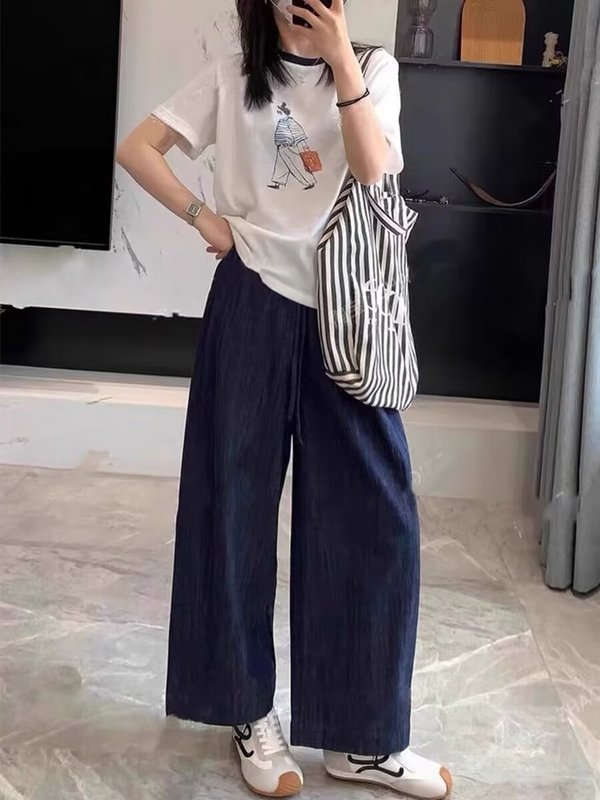 深蓝色天丝牛仔裤女夏薄款松紧腰抽绳阔腿裤小个子直筒九分休闲裤|undefined