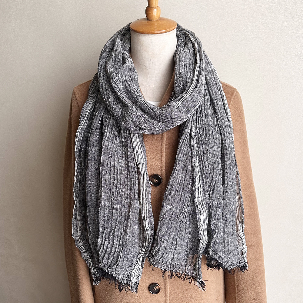 スカーフカスタマイズされた秋と冬の文学的なスタイルのストライプの綿とリネンのスカーフ女性のスカーフ韓国の雰囲気のメンズスカーフ