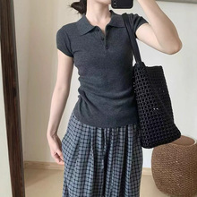 上衣潮韩系修身针织衫女显瘦简约百搭翻领短袖休闲时尚POLO领风