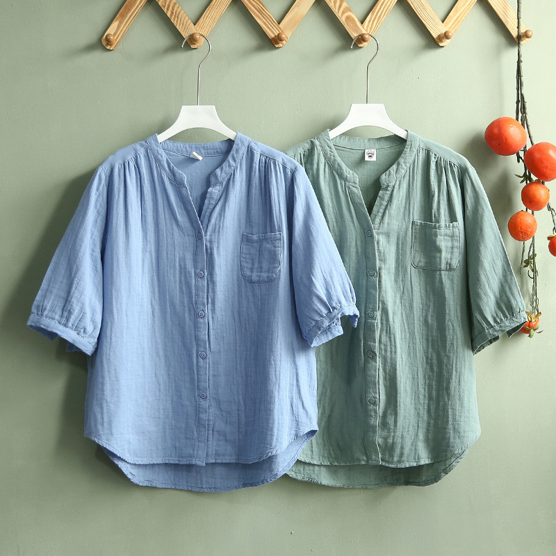 Summer V-neck Mid-sleeve Double-layer Cotton Yarn Shirt White Women's Soft All-match Shirt Artistic Hong Kong Style Shirt