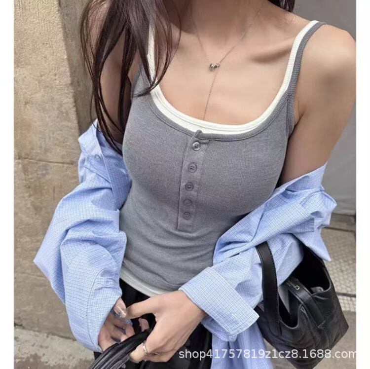Fake Two-Piece Contrasting Color Button Straps with Breast Pads, Slim Fit, Double Shoulder Straps, Can Be Worn Inside or Outside, Vest for Women Fake Two-Piece Contrasting Color Button Straps with Breast Pads, Slim Fit, Double Shoulder Straps, Can Be Worn Inside or Outside, Vest for Women