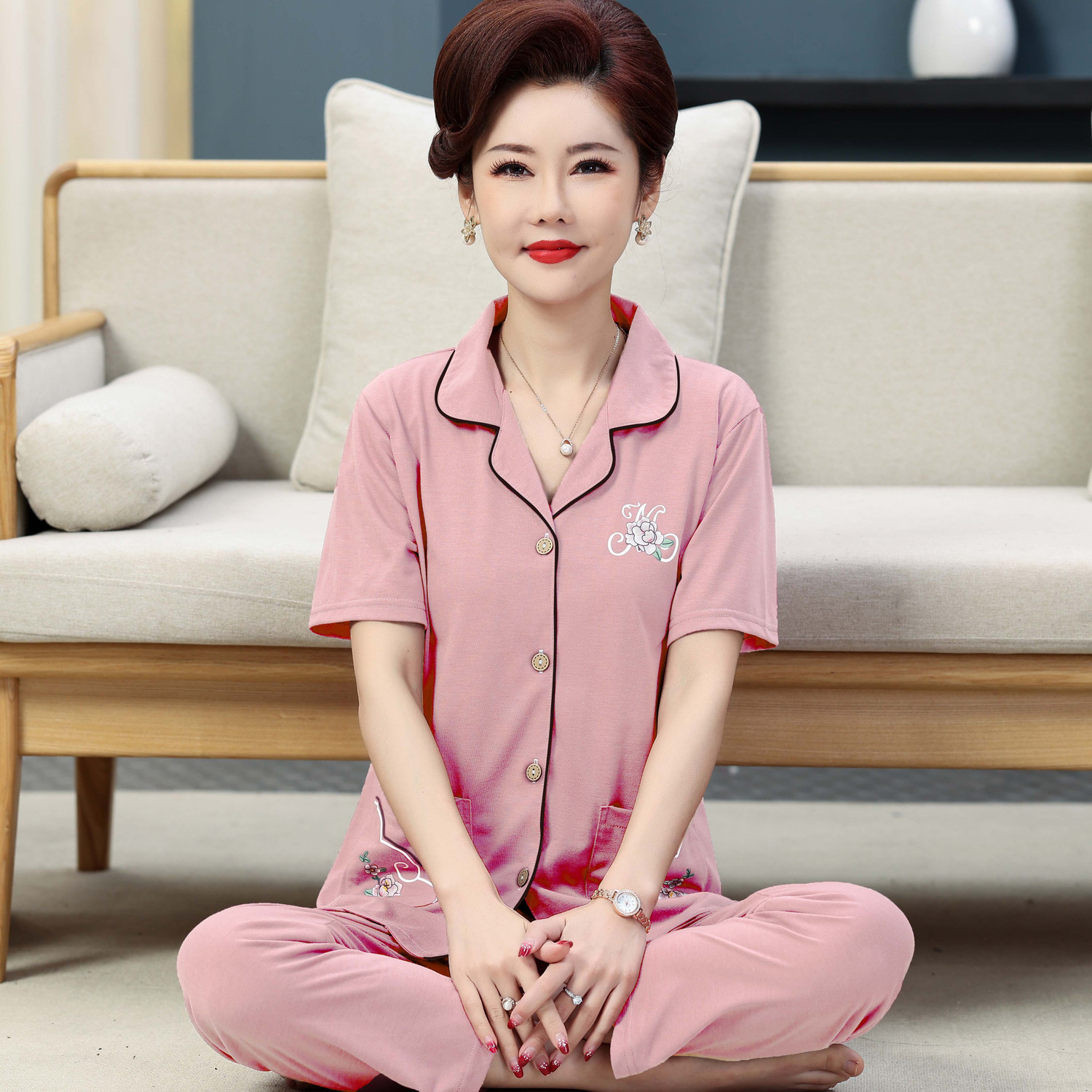 Pijamas de algodón de la madre de mediana edad pantalones de manga corta de verano para mujer cardigan de mediana edad y traje de ancianos homewear