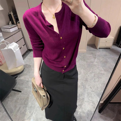 安拉紫韩系法式复古羊绒加厚开衫毛衣外套女秋冬小个子针织上衣