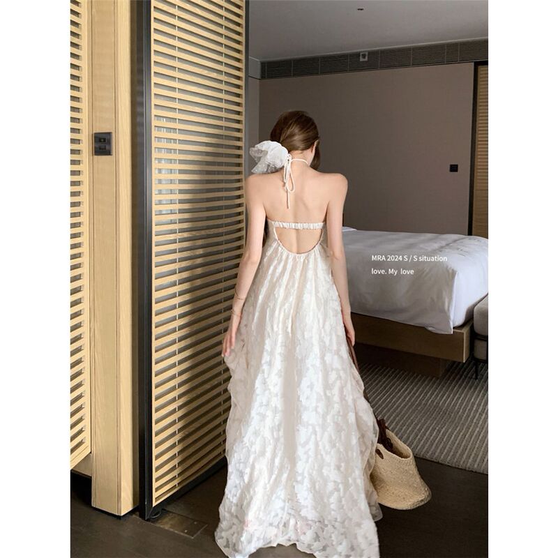 French Style Neck dress Women's Summer Seaside Vacation Backless Long Dress Super Fairy Elegant Loose A- line Skirt