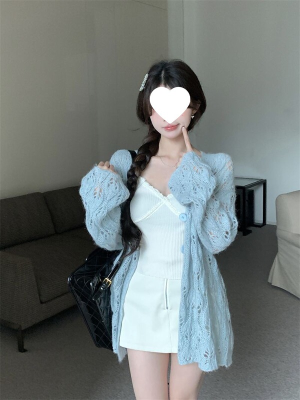 Lightweight Embossed Cut Out Jacket for Women 2025 Spring and Summer Korean Sweet Thin Sun Protection Top Knitted Cardigan