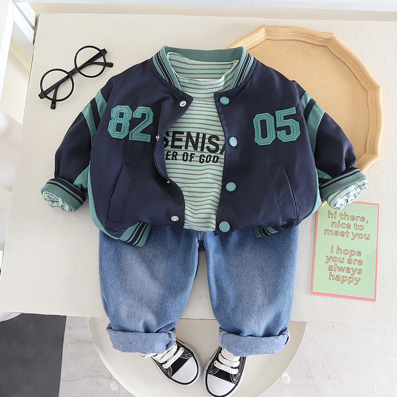 2024 Spring New Boys' Baseball Suit Three piece for Men and Women's Baby Casual Round Neck Sweater Set_voghion.com