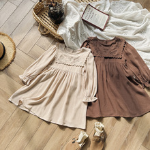 森系复古花朵刺绣长袖女童连衣裙2025秋款翻领洋气棉麻儿童裙批发