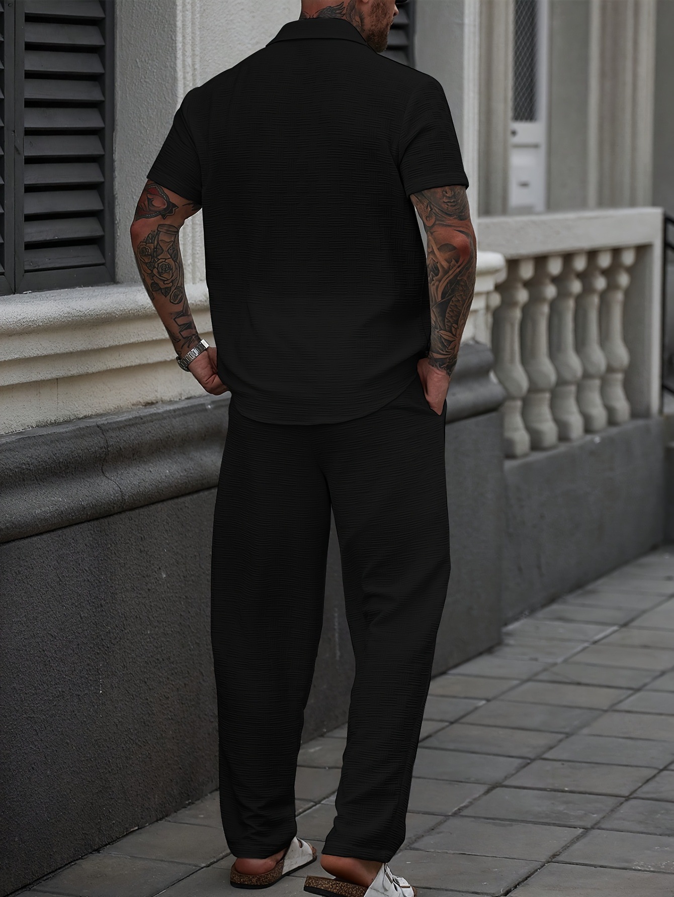 Men's Solid Color Summer Casual Set Single-Breasted Short Sleeve Shirt And Pants Outfit_viptrois.com