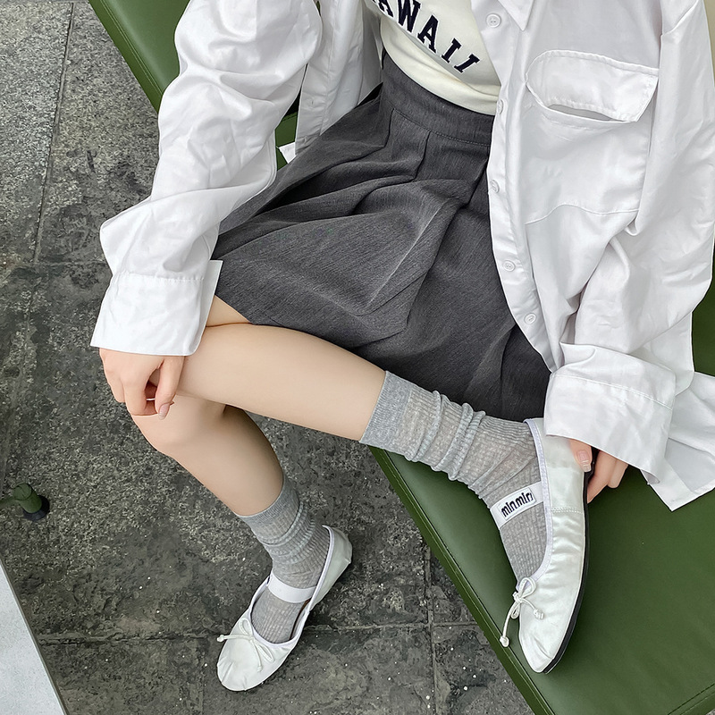 Ballet style gray boneless socks children's mid-tube socks ultra-thin spring and summer combed cotton striped stocking with small leather shoes