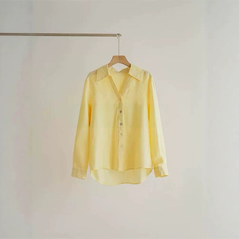 Natural Linen Shirt V-Neck Natural Flowing Long-Sleeved Shirt Yellow Sun Protection Women's Top Jacket Spring and Summer White Natural Linen Shirt V-Neck Natural Flowing Long-Sleeved Shirt Yellow Sun Protection Women's Top Jacket Spring and Summer White