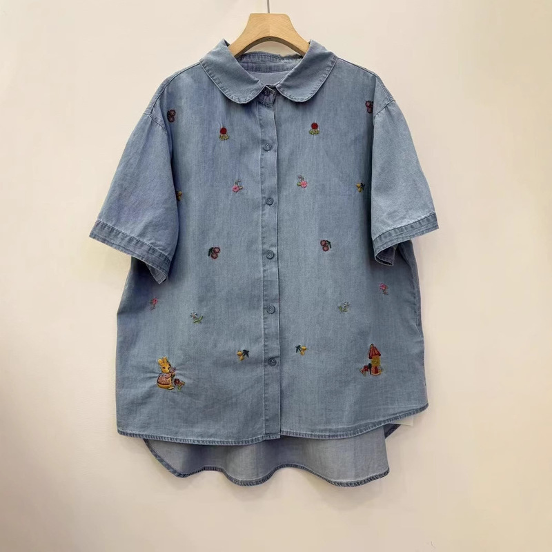 Japanese Style Mori Embroidered Floral Cotton Denim Shirt Women's Summer New Age-reducing All-match Fresh Style Lapel Top