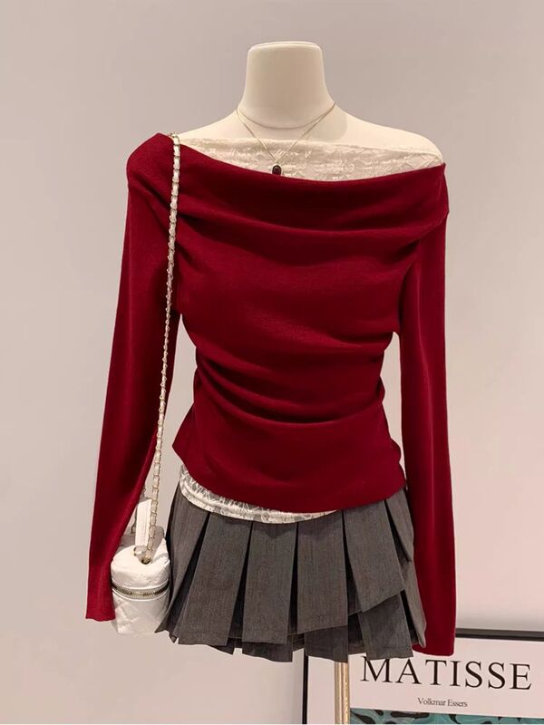New Year's Outfit: Red Off-Shoulder Long-Sleeve Shirt for Women, Spring Wear, Brushed Fabric, Faux Two-Piece Base Shirt, Slim Fit, Off-The-Shoulder Top Style