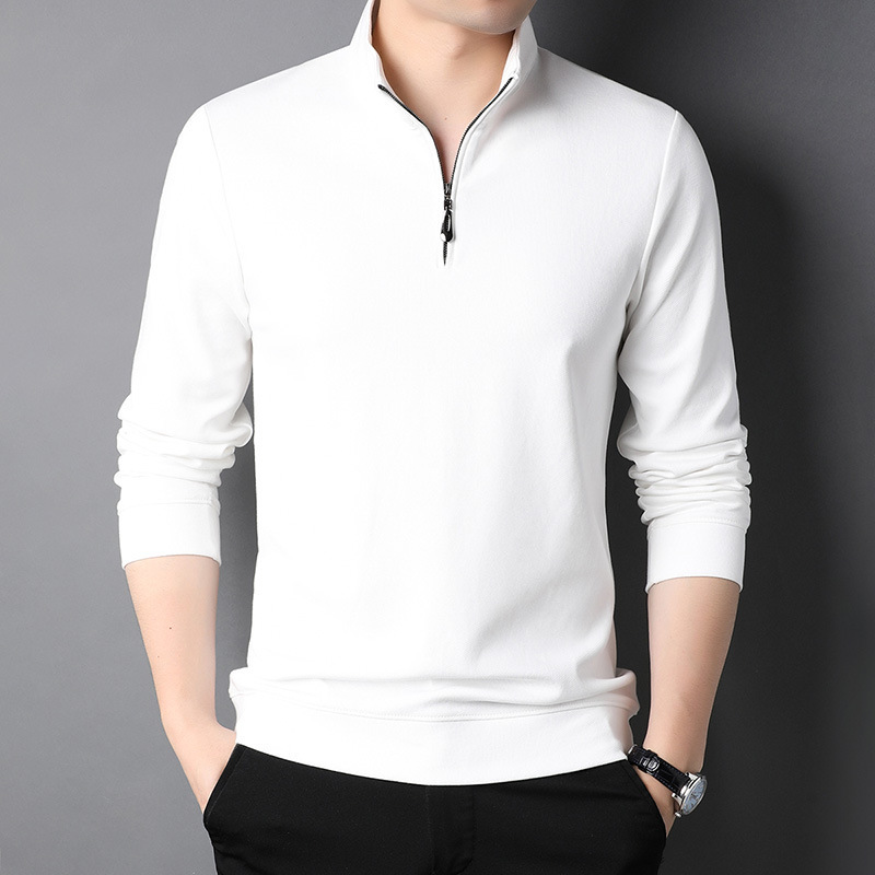 새로운 봄 남성용 긴팔 티셔츠 캐주얼 면 스웨터 남성용 하프 하이 칼라 지퍼 단색 티셔츠 탑 남성복