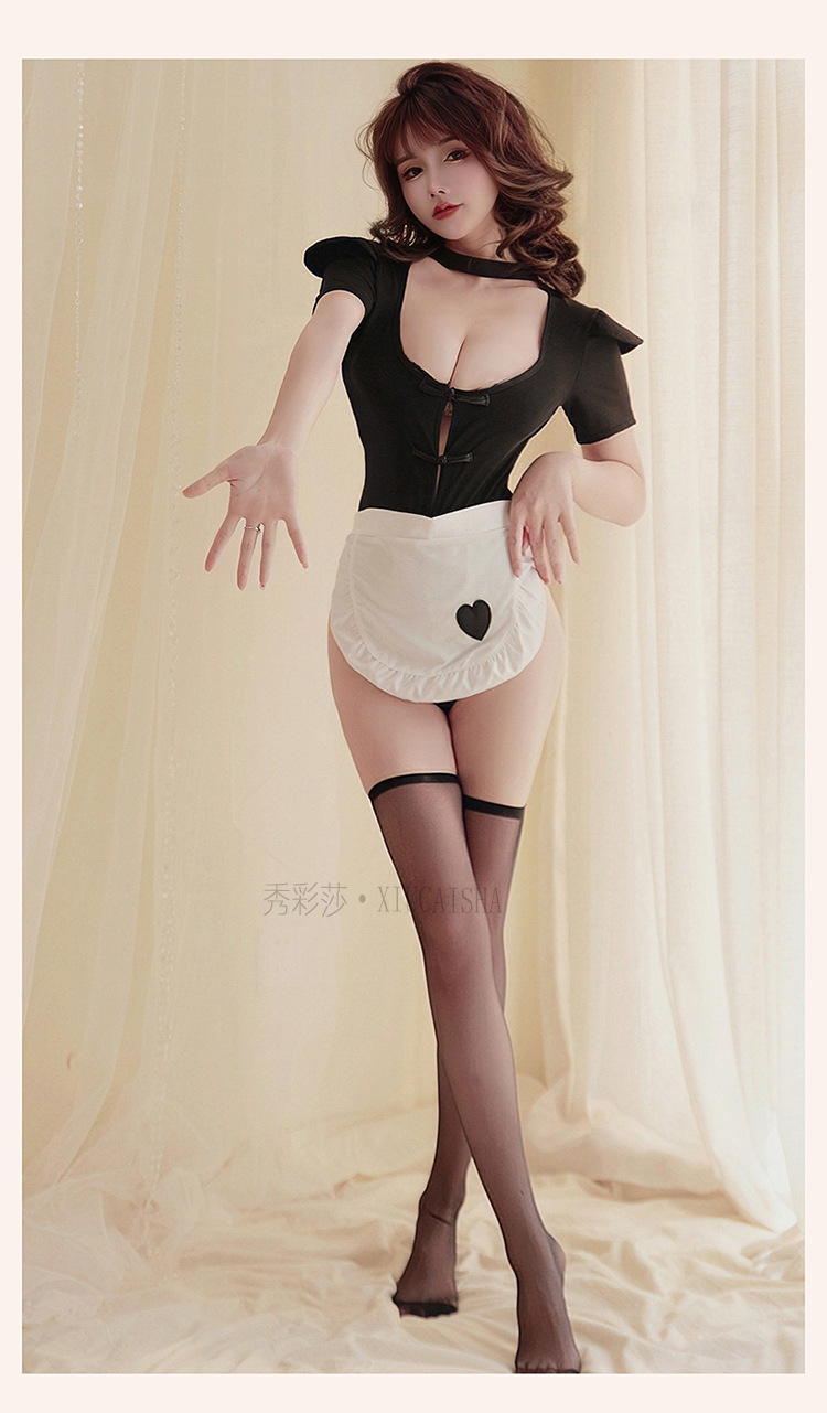 Women’s Sexy Maid Lingerie Set with Apron and Sheer Stockings, One Size — detail image 10