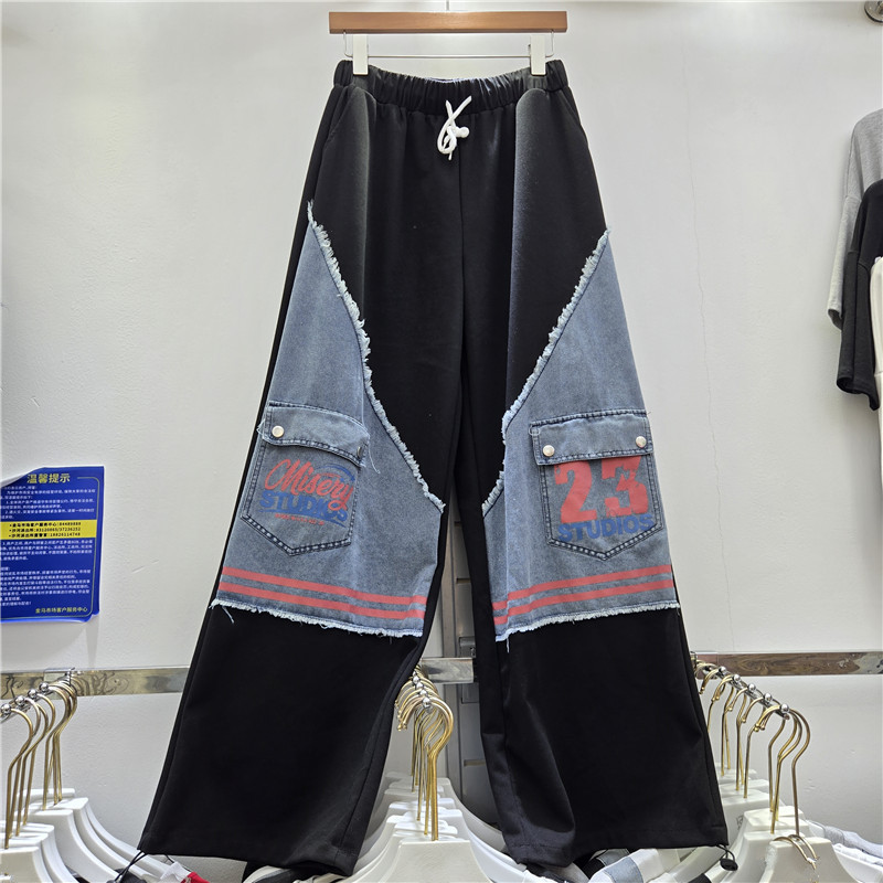 American High Street Letter Printed Nicho Diseño Jeans Pantalones de color contrastante Pantalones de cintura elástica image 2