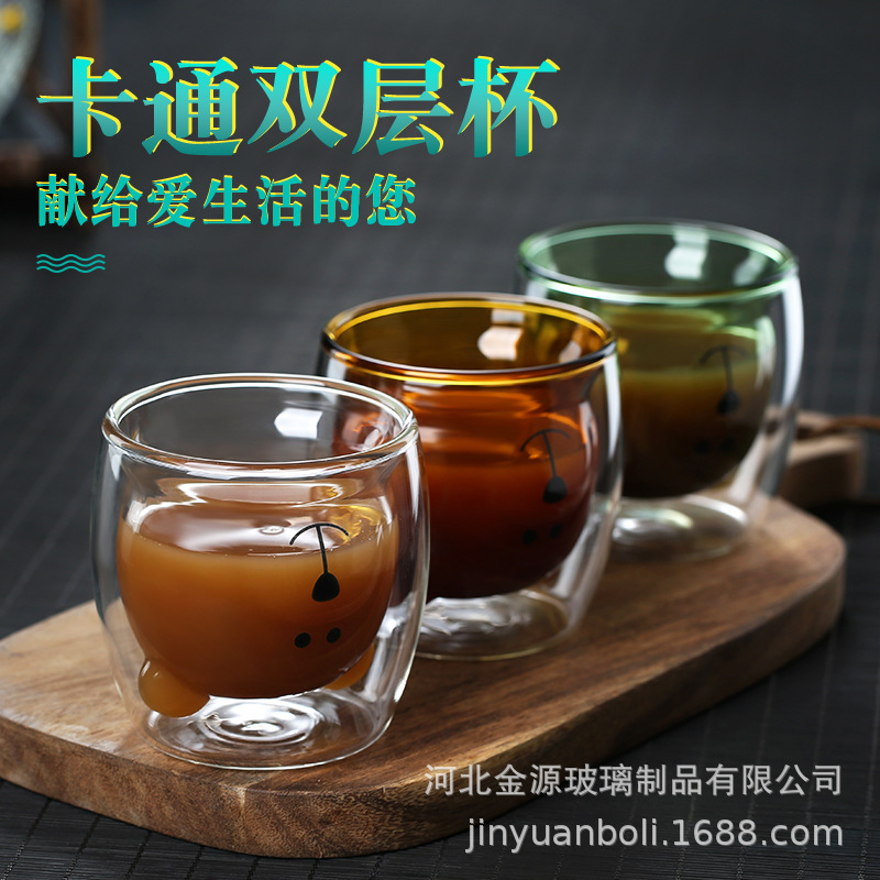 Dibujos animados lindo colorido transparente vidrio de doble capa taza de café taza de vidrio borosilicato taza de oso jugo taza de leche