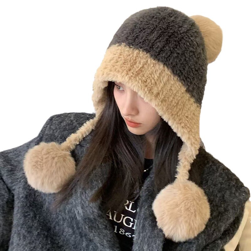 冬季防寒帽大头围毛绒挂球可爱护耳帽子女遮耳加绒加厚拼色针织帽|undefined