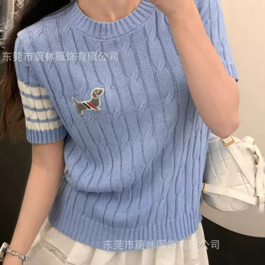 跨境TB小狗打底上衣韩版麻花设计刺绣感学院风潮针织衫短袖上衣女